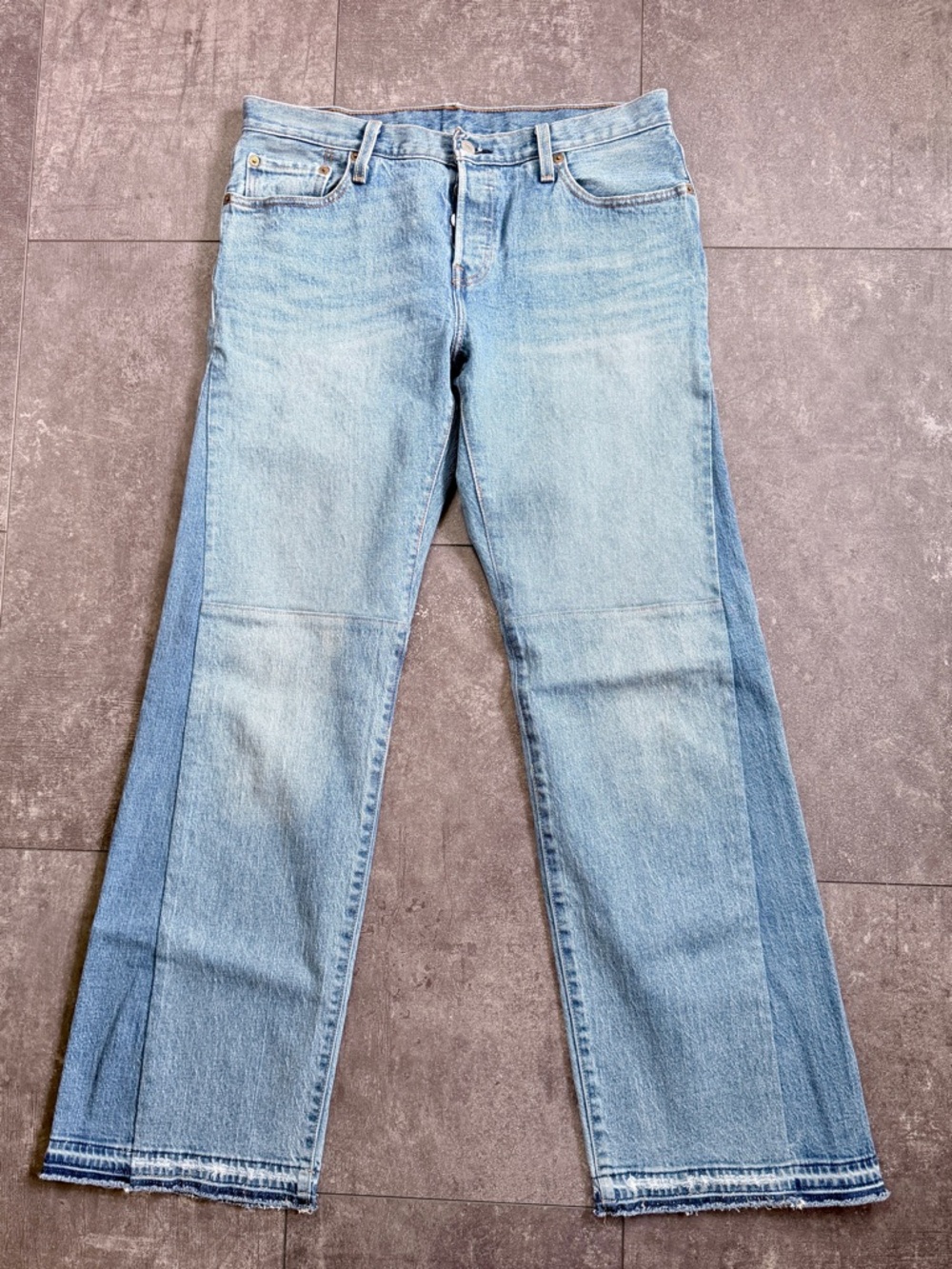 Upcycled Levi’s 501 button fly jeans wide leg patchwork flared panels 30 x 32